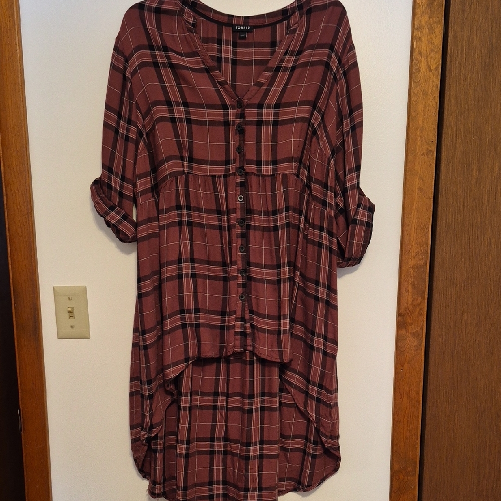Torrid Womens Brown Plaid Brushed Flannel Hi-Low Top SZ 1